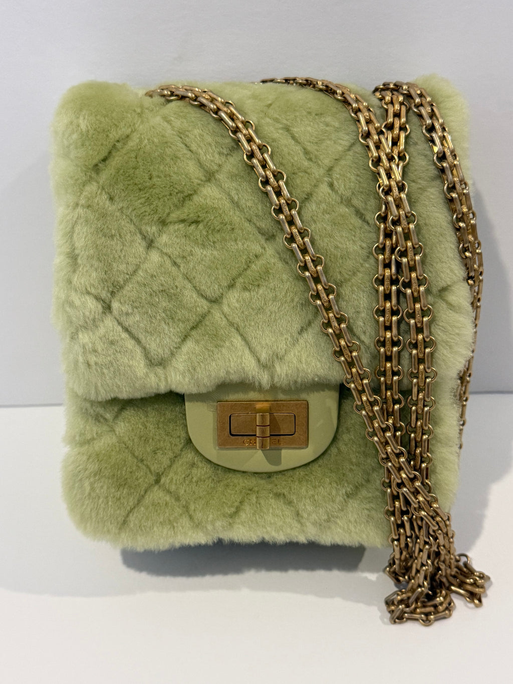 Chanel 2.55 Shearling and Leather North/South Reissue Flap Chain Shoulder Crossbody in Vert Green