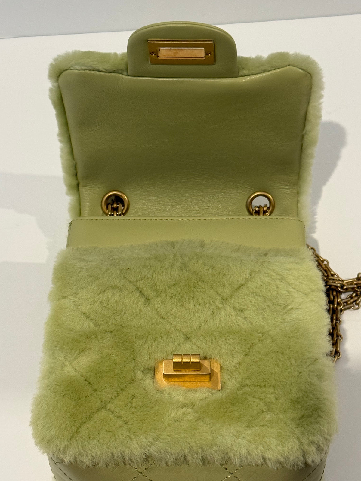 Chanel 2.55 Shearling and Leather North/South Reissue Flap Chain Shoulder Crossbody in Vert Green