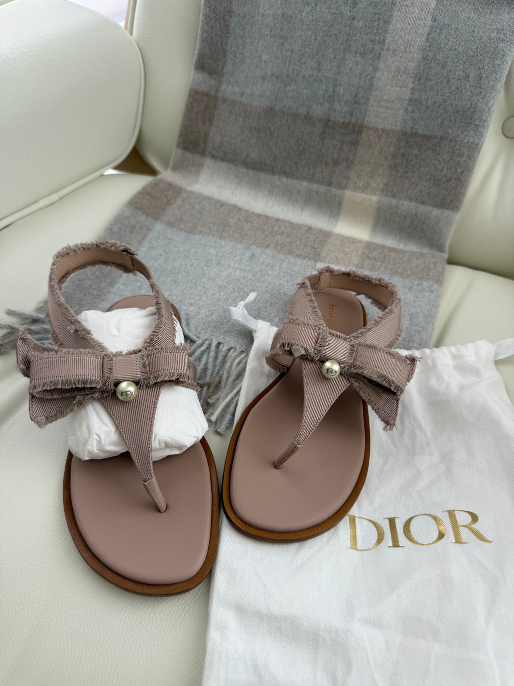 Christian Dior Adorable Thong Sandals — Beige Fringed Grosgrain, Size 36