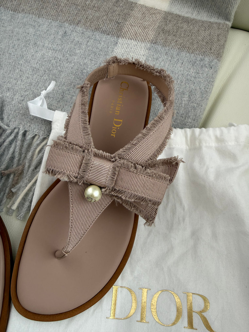 Christian Dior Adorable Thong Sandals — Beige Fringed Grosgrain, Size 36
