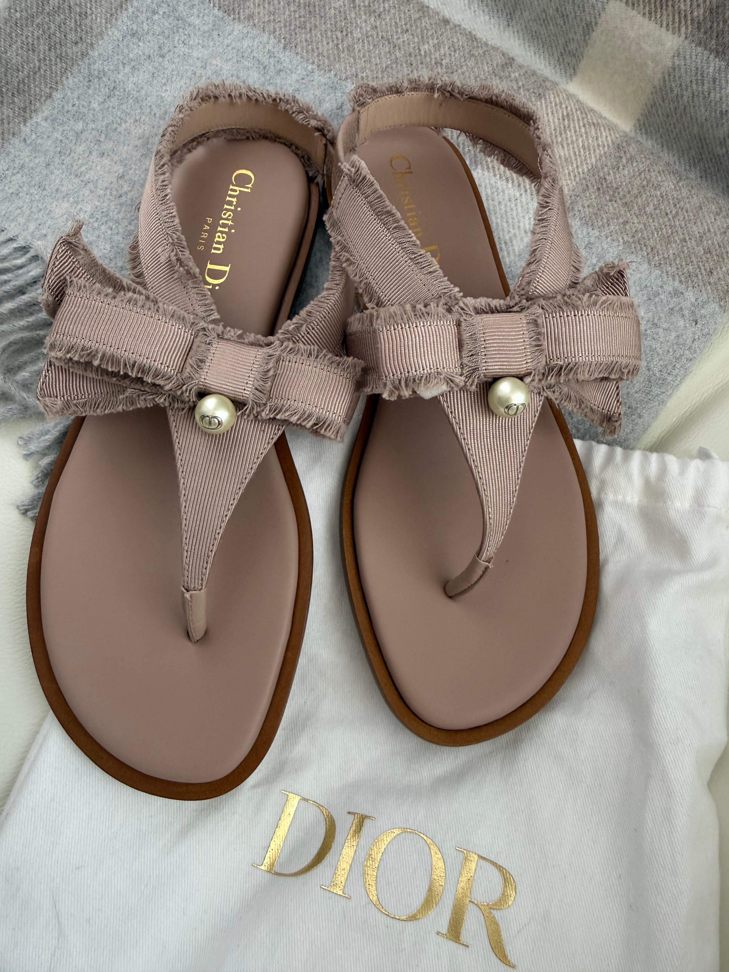 Christian Dior Adorable Thong Sandals — Beige Fringed Grosgrain, Size 36