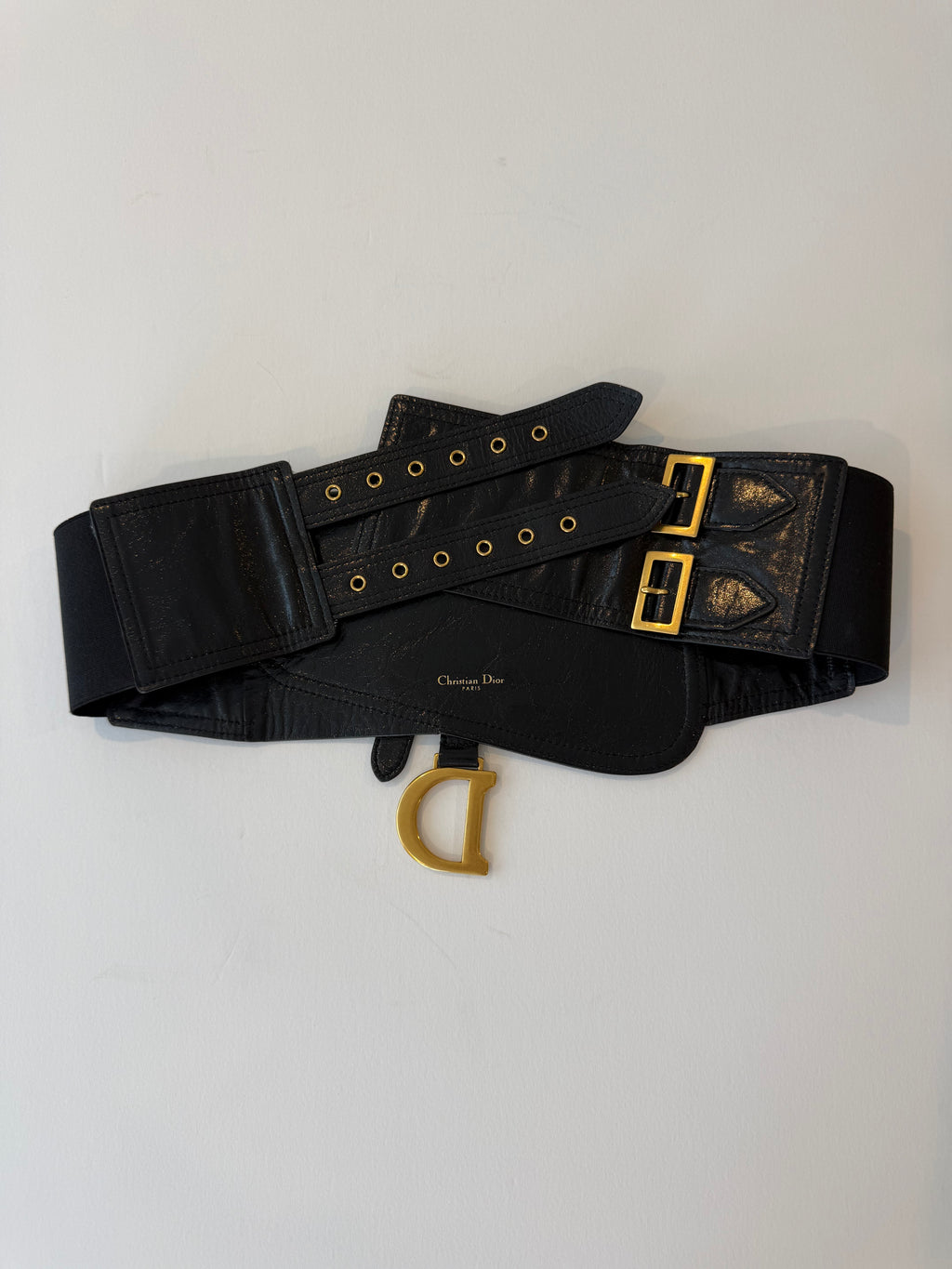Rear view of Christian Dior black calfskin Saddle belt bag showing the full waist belt