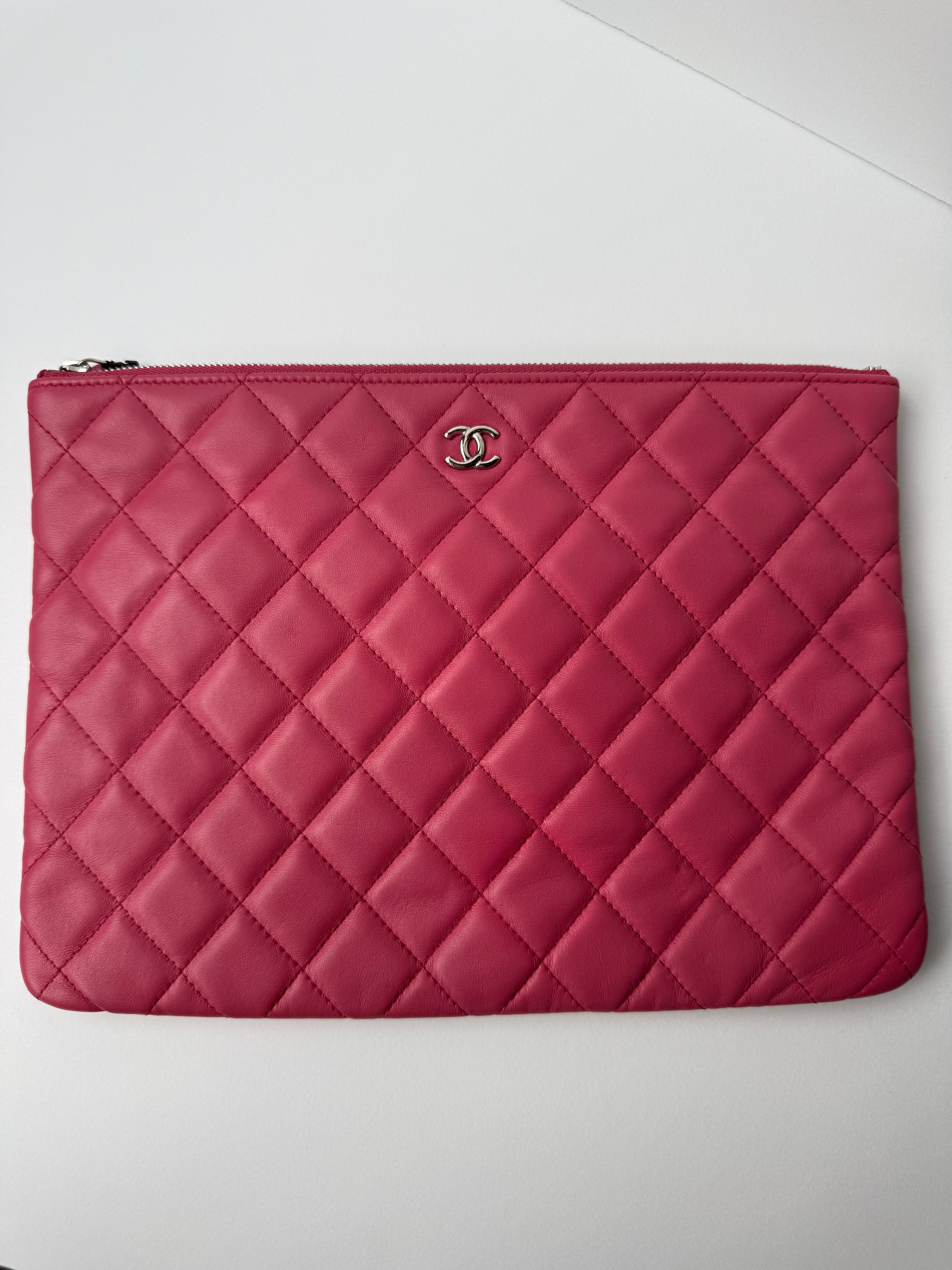 Chanel Lambskin Quilted Medium O-Case Zipper Pouch — Fuchsia