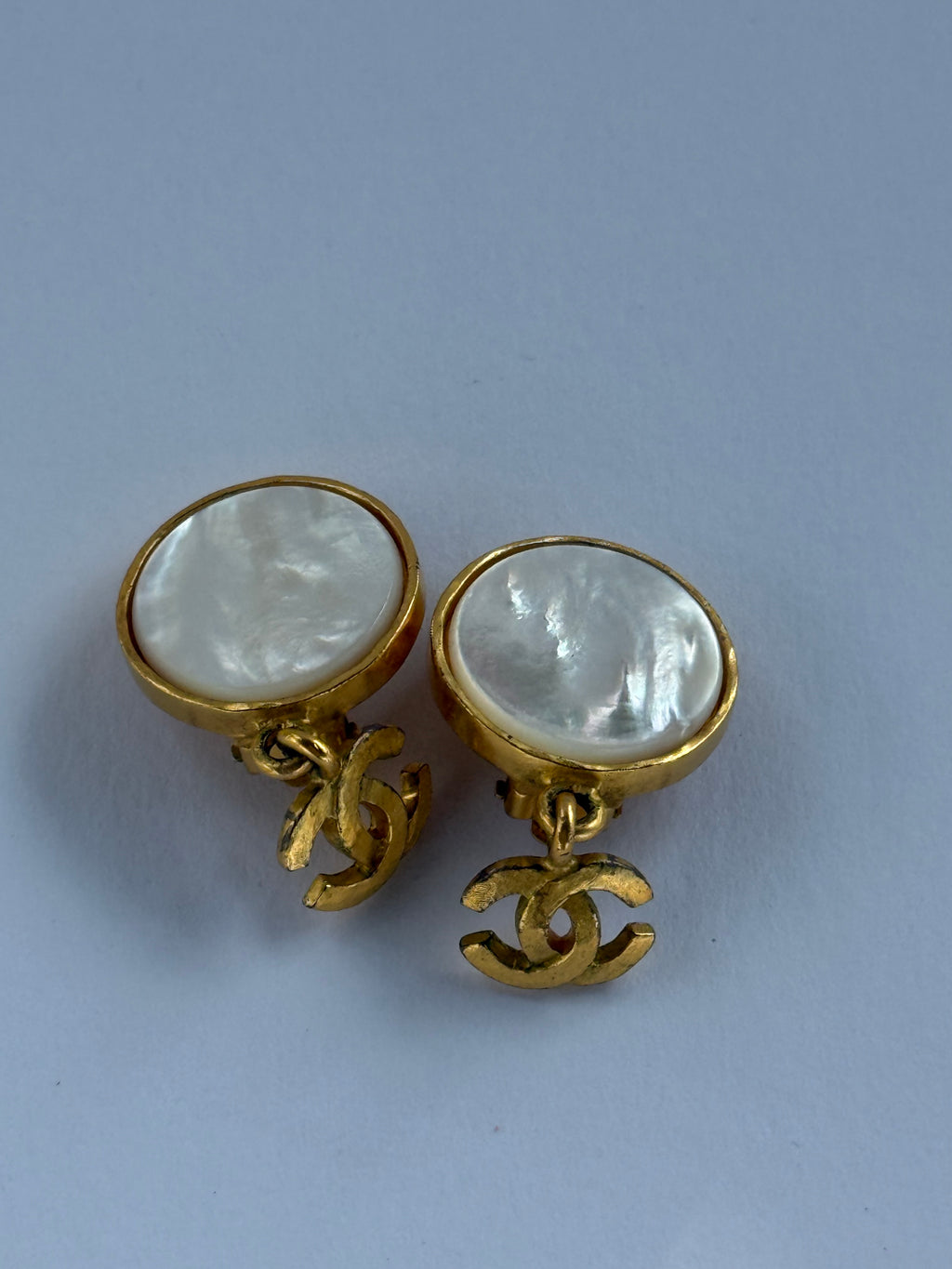 Vintage Chanel Gold Plated Mother of Pearl CC Dangle Clip-On Earrings — 95A