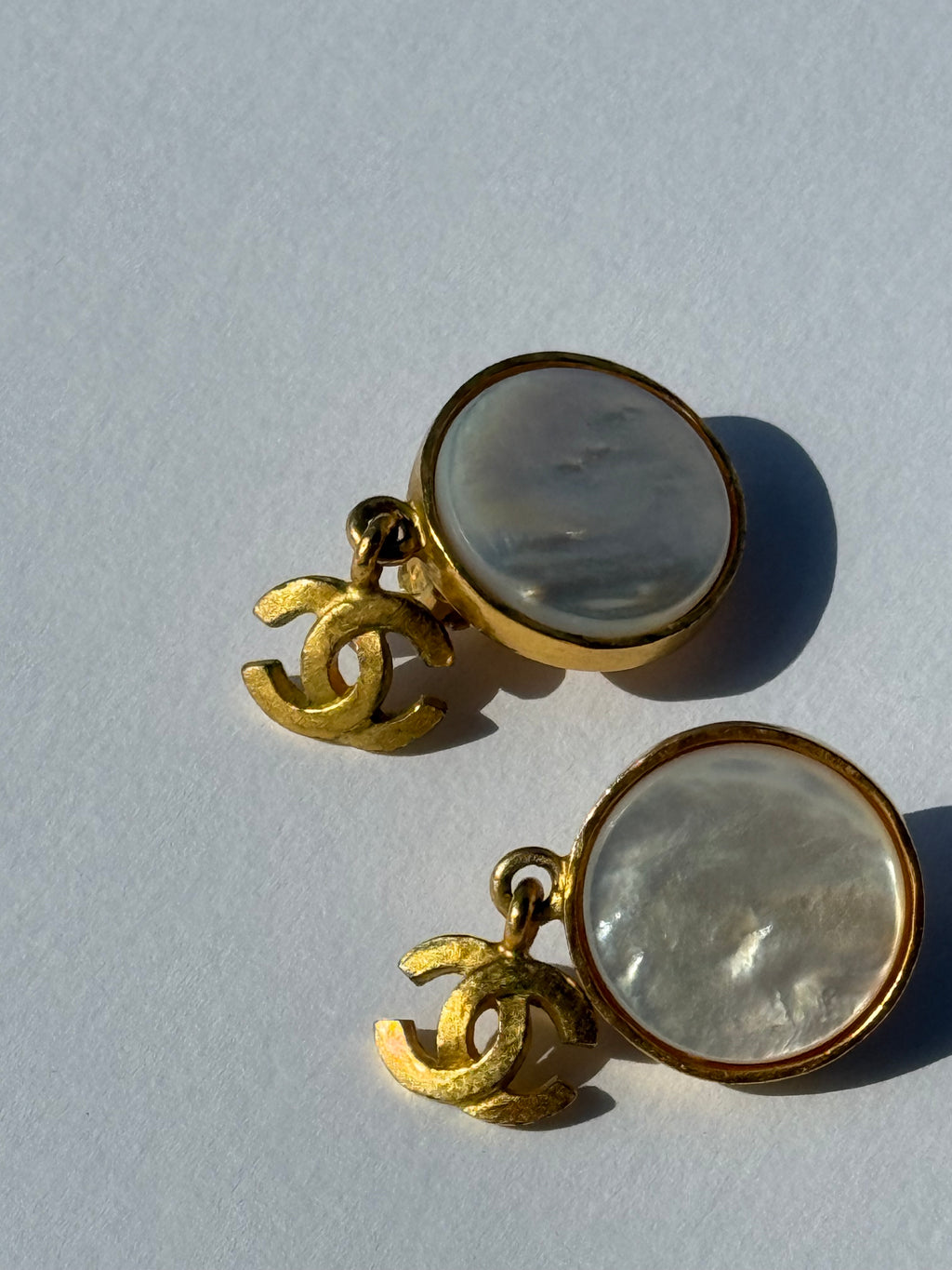 Vintage Chanel Gold Plated Mother of Pearl CC Dangle Clip-On Earrings — 95A