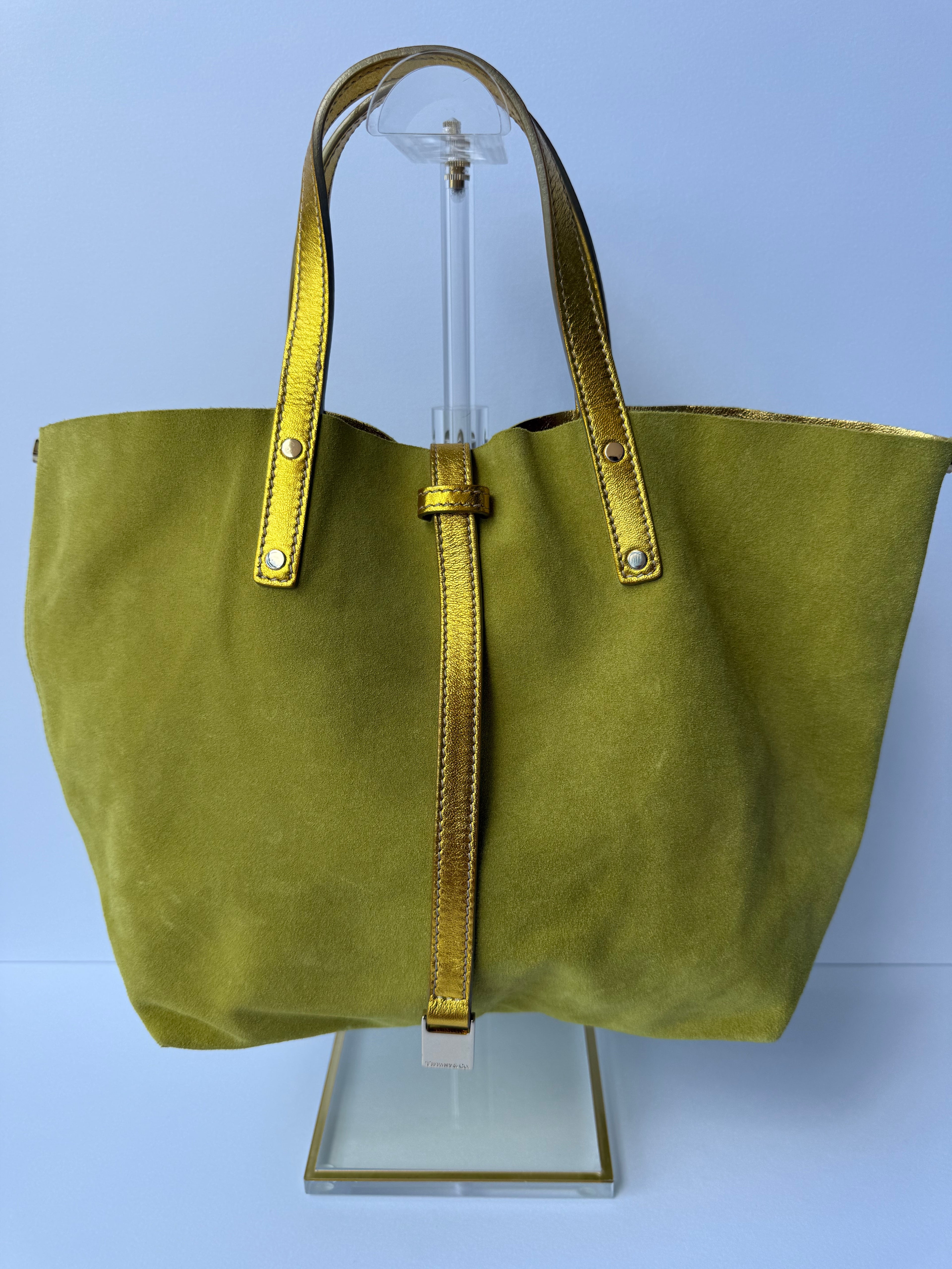 Tiffany & Co. Reversible Tote — Green Suede & Gold Metallic Leather