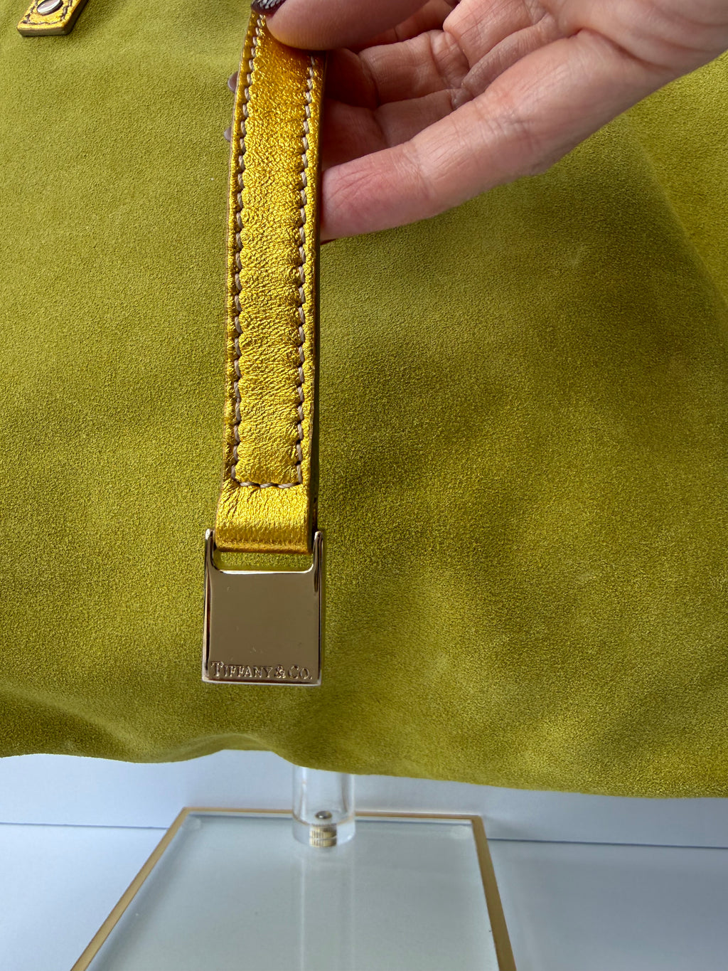 Tiffany & Co. Reversible Tote — Green Suede & Gold Metallic Leather