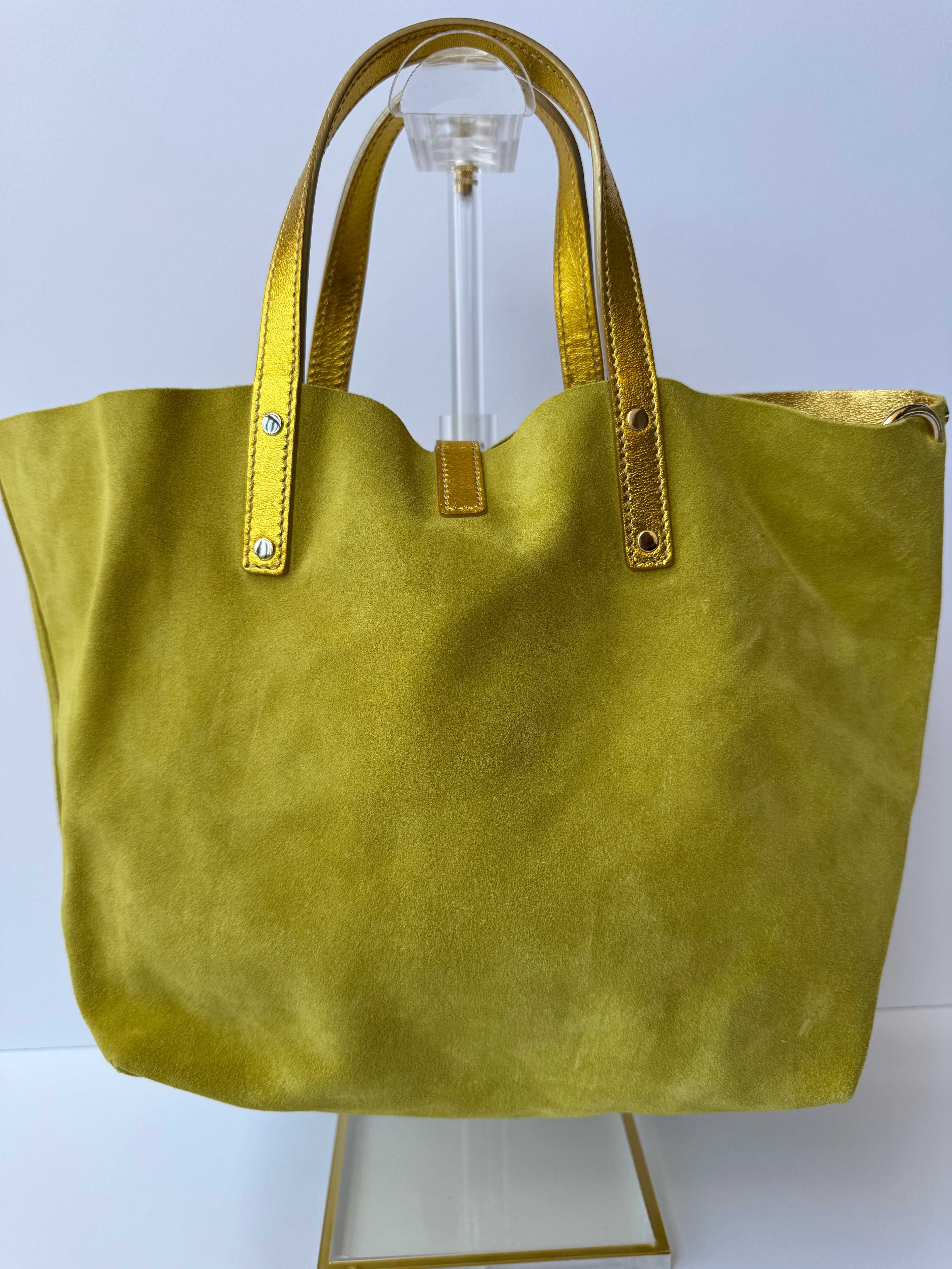 Tiffany & Co. Reversible Tote — Green Suede & Gold Metallic Leather