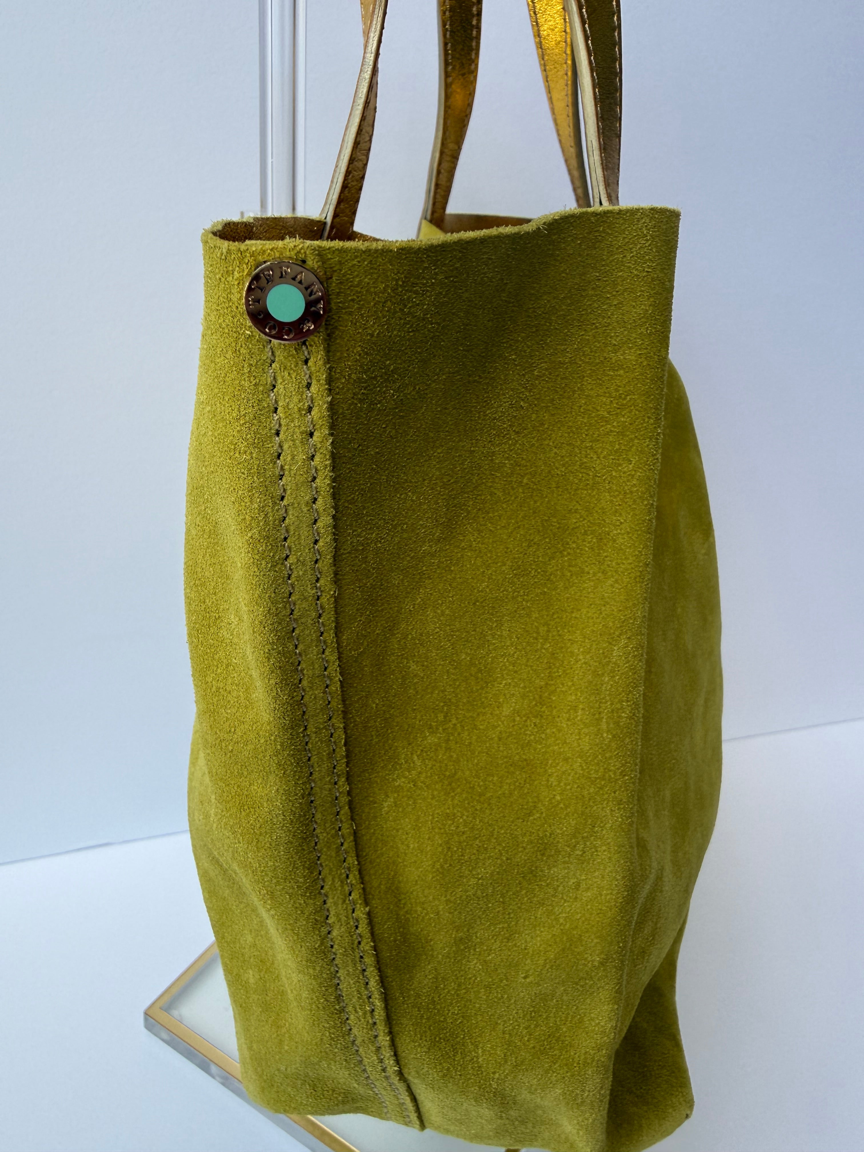 Tiffany & Co. Reversible Tote — Green Suede & Gold Metallic Leather