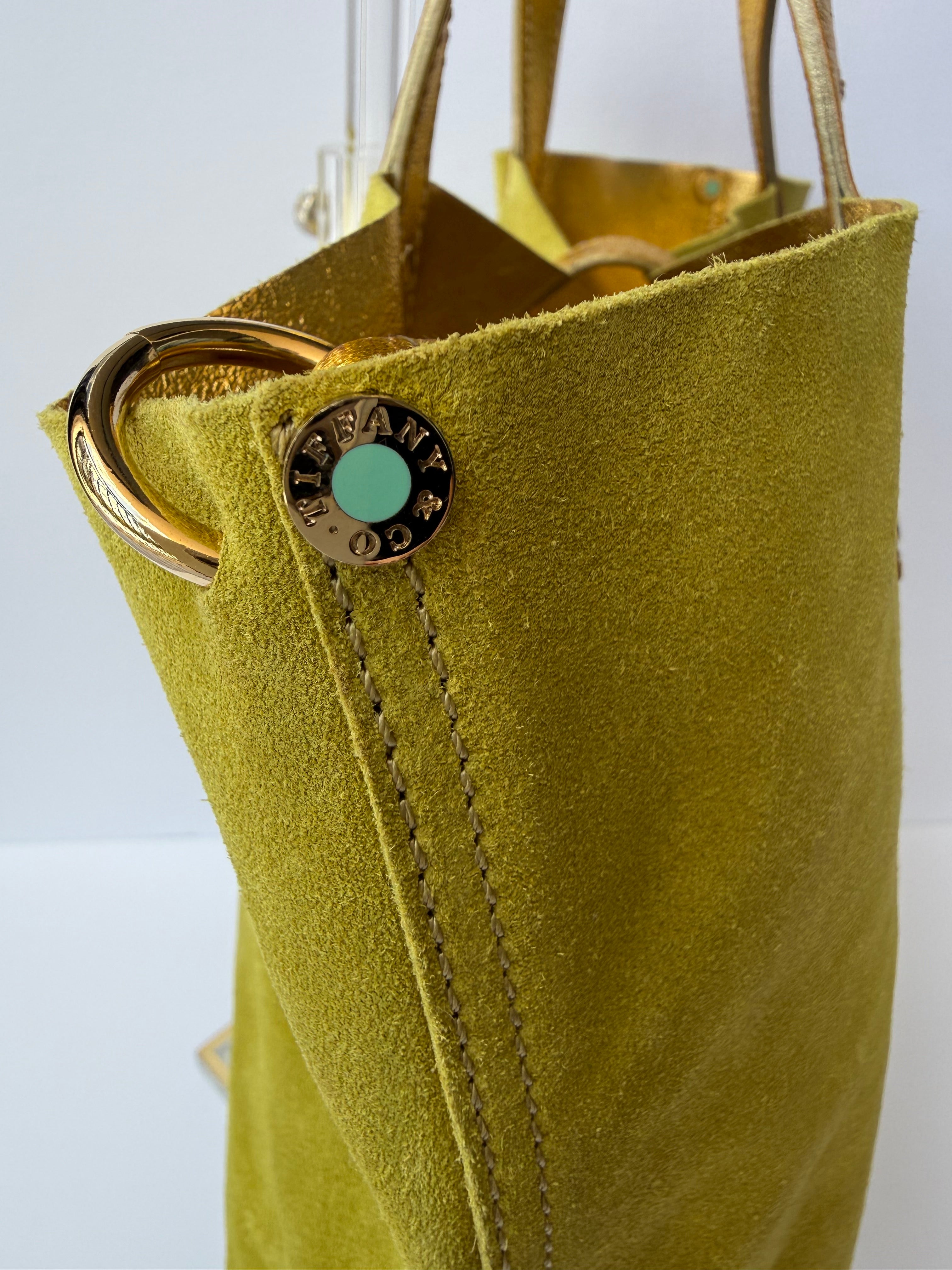 Tiffany & Co. Reversible Tote — Green Suede & Gold Metallic Leather