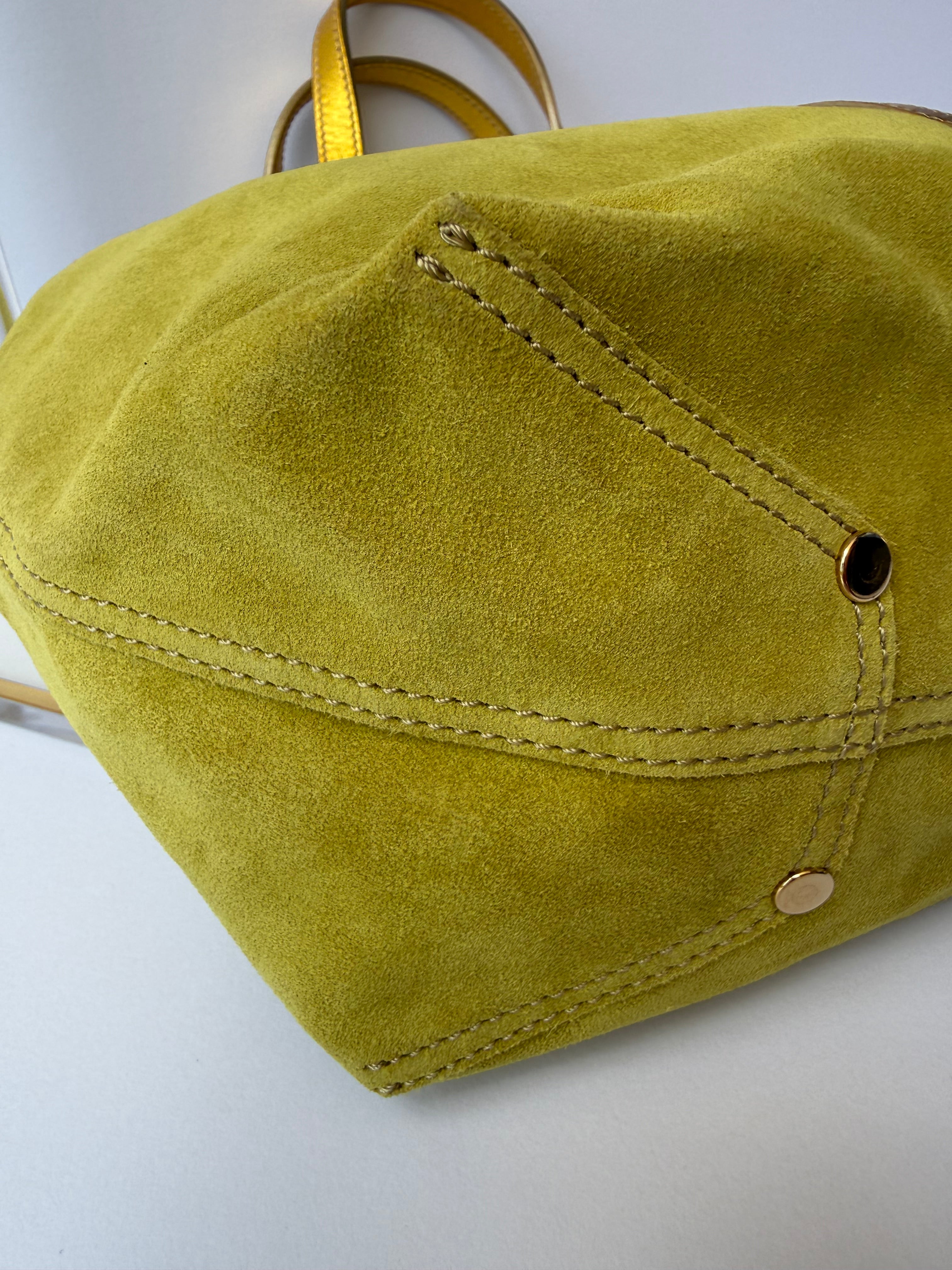 Tiffany & Co. Reversible Tote — Green Suede & Gold Metallic Leather