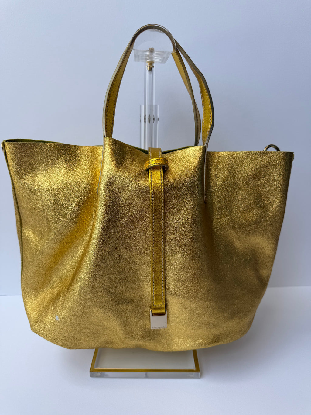 Tiffany & Co. Reversible Tote — Green Suede & Gold Metallic Leather