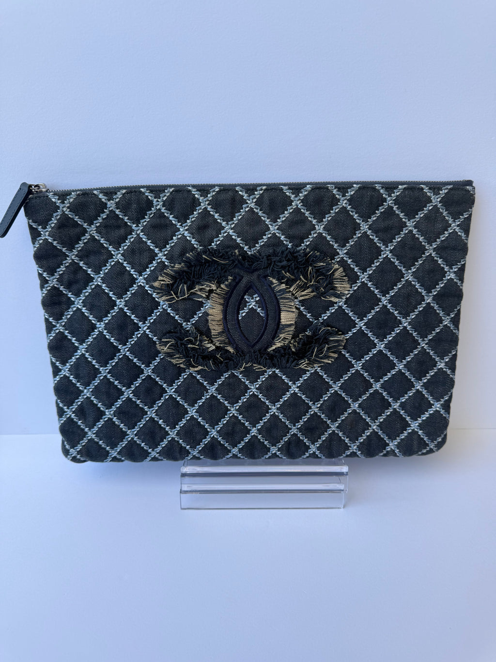 Chanel Quilted Denim Large O-Case Clutch — Dark Blue with CC Fringe
