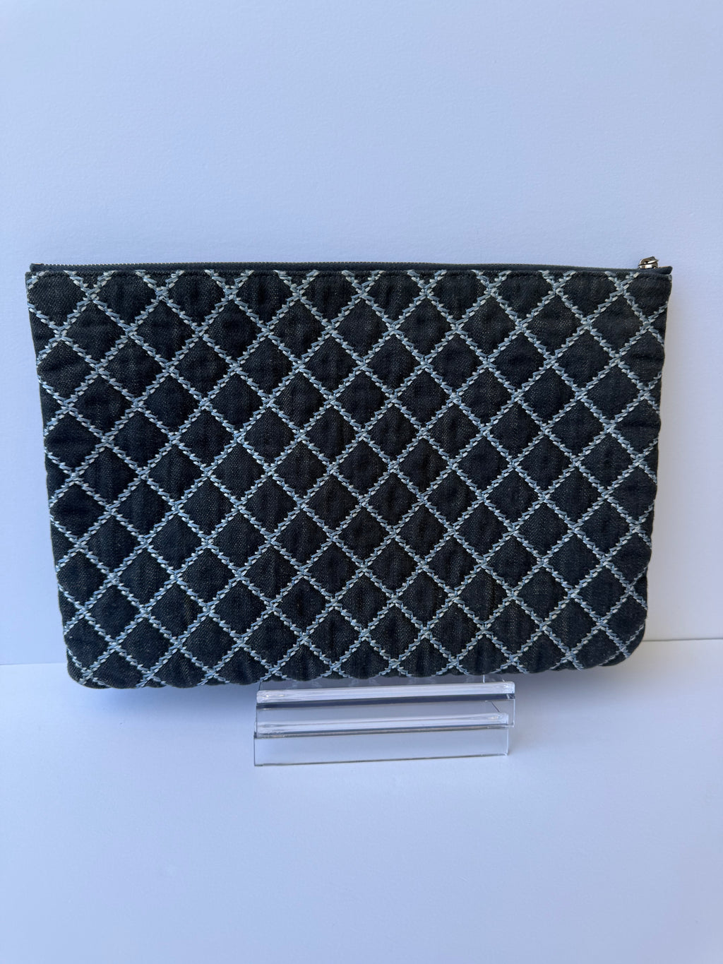 Chanel Quilted Denim Large O-Case Clutch — Dark Blue with CC Fringe