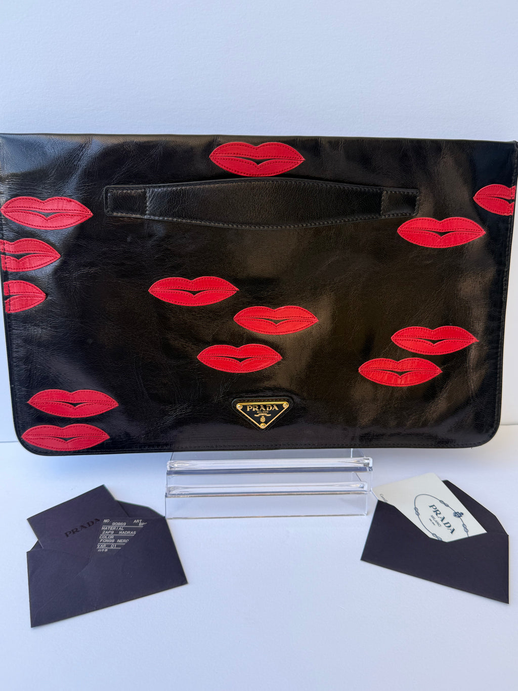 Prada Black Leather Clutch with Red Lip Appliqué