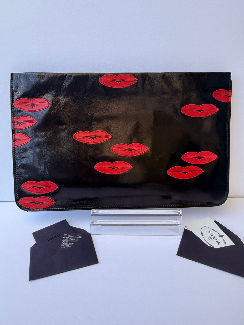 Prada Black Leather Clutch with Red Lip Appliqué