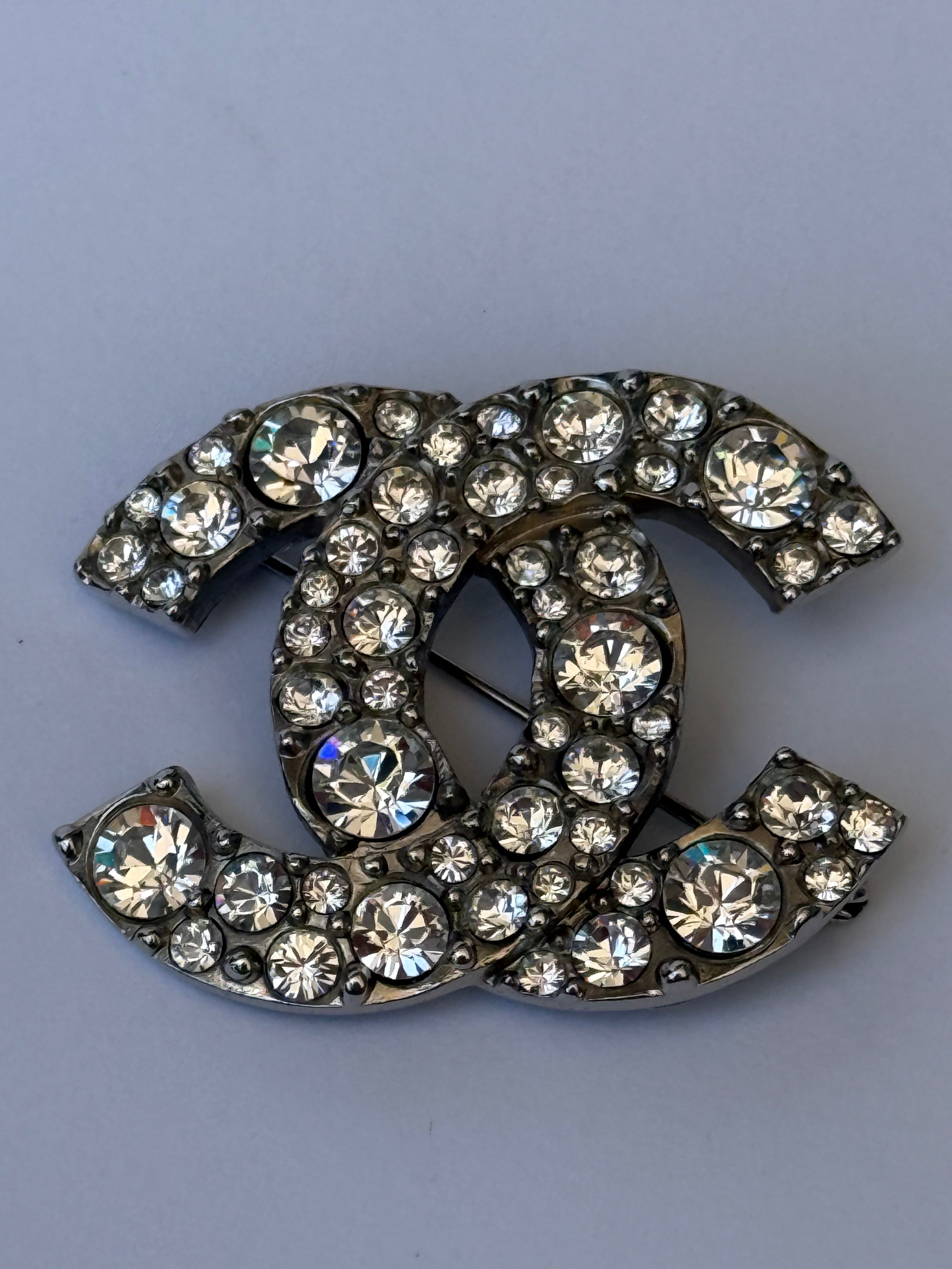Chanel CC Crystal Embellishment Silver Tone Brooch