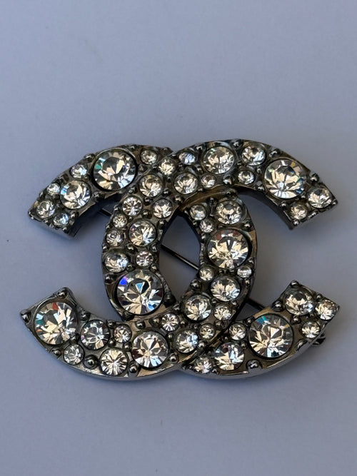 Chanel CC Crystal Embellishment Silver Tone Brooch
