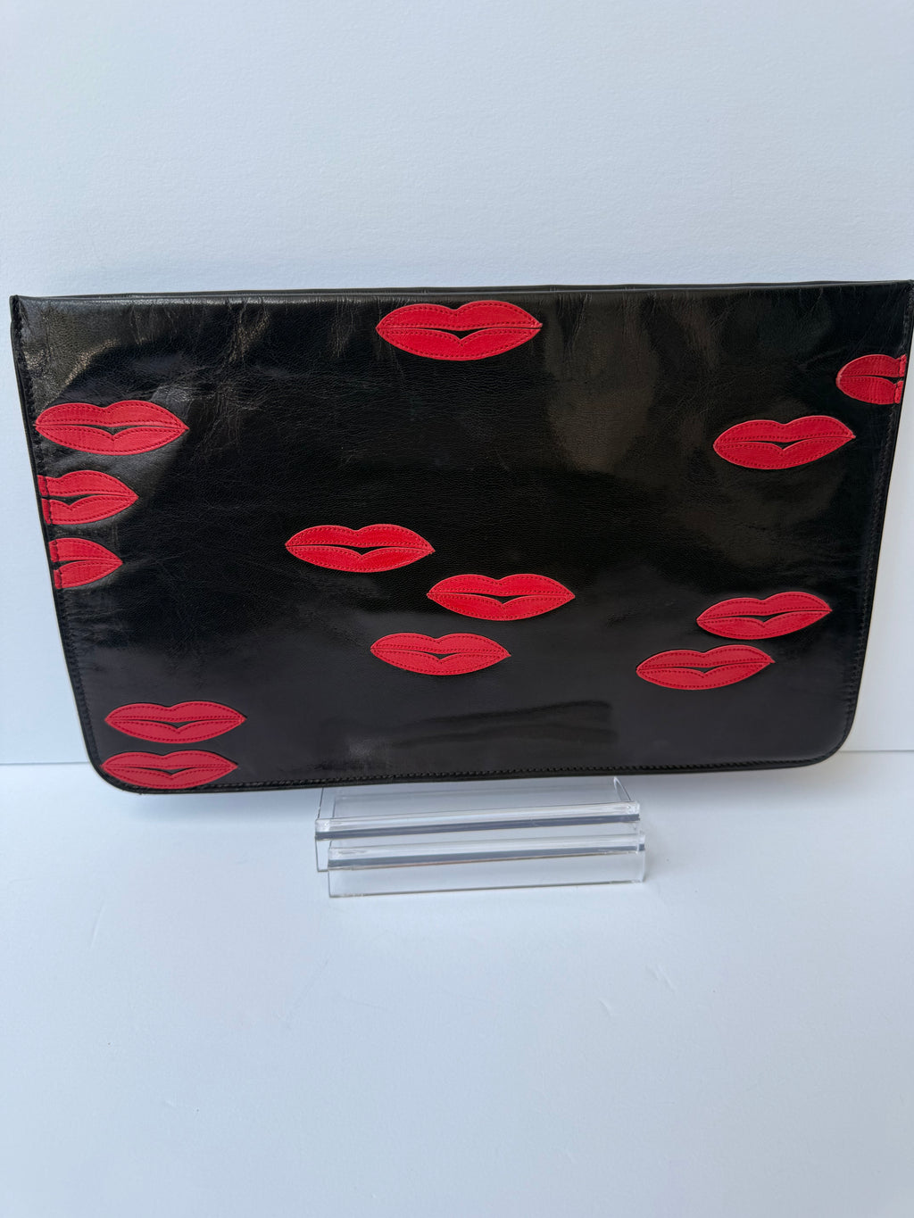 Prada Black Leather Clutch with Red Lip Appliqué