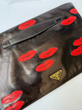 Prada Black Leather Clutch with Red Lip Appliqué