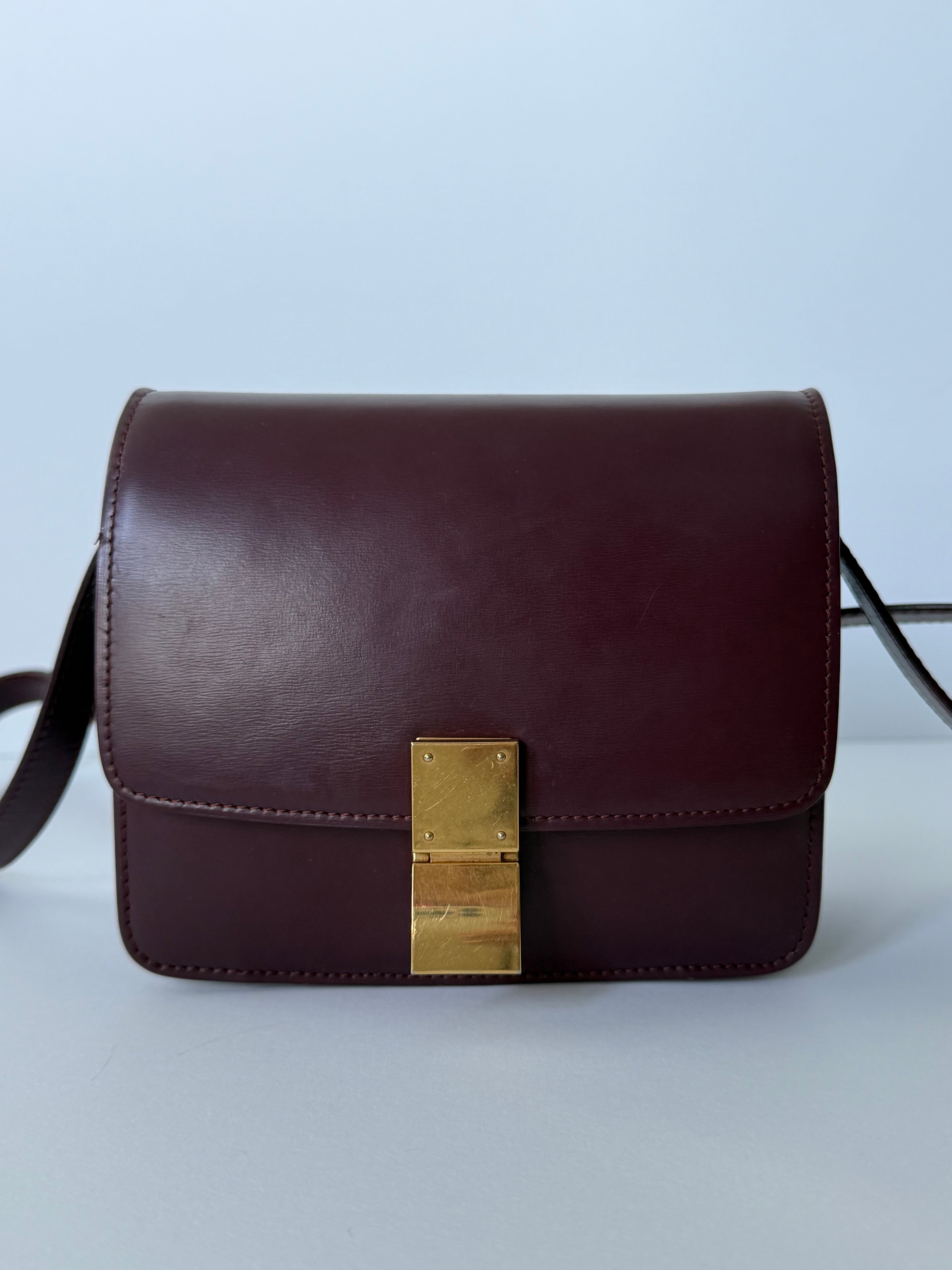 Céline Box Calfskin Mini Classic Box Flap Bag in Burgundy