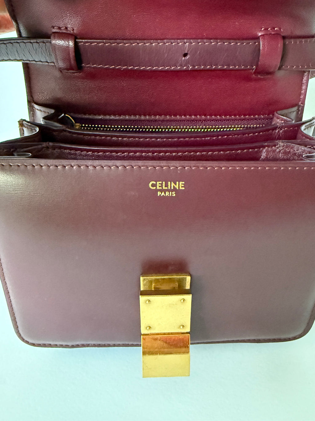 Céline Box Calfskin Mini Classic Box Flap Bag in Burgundy