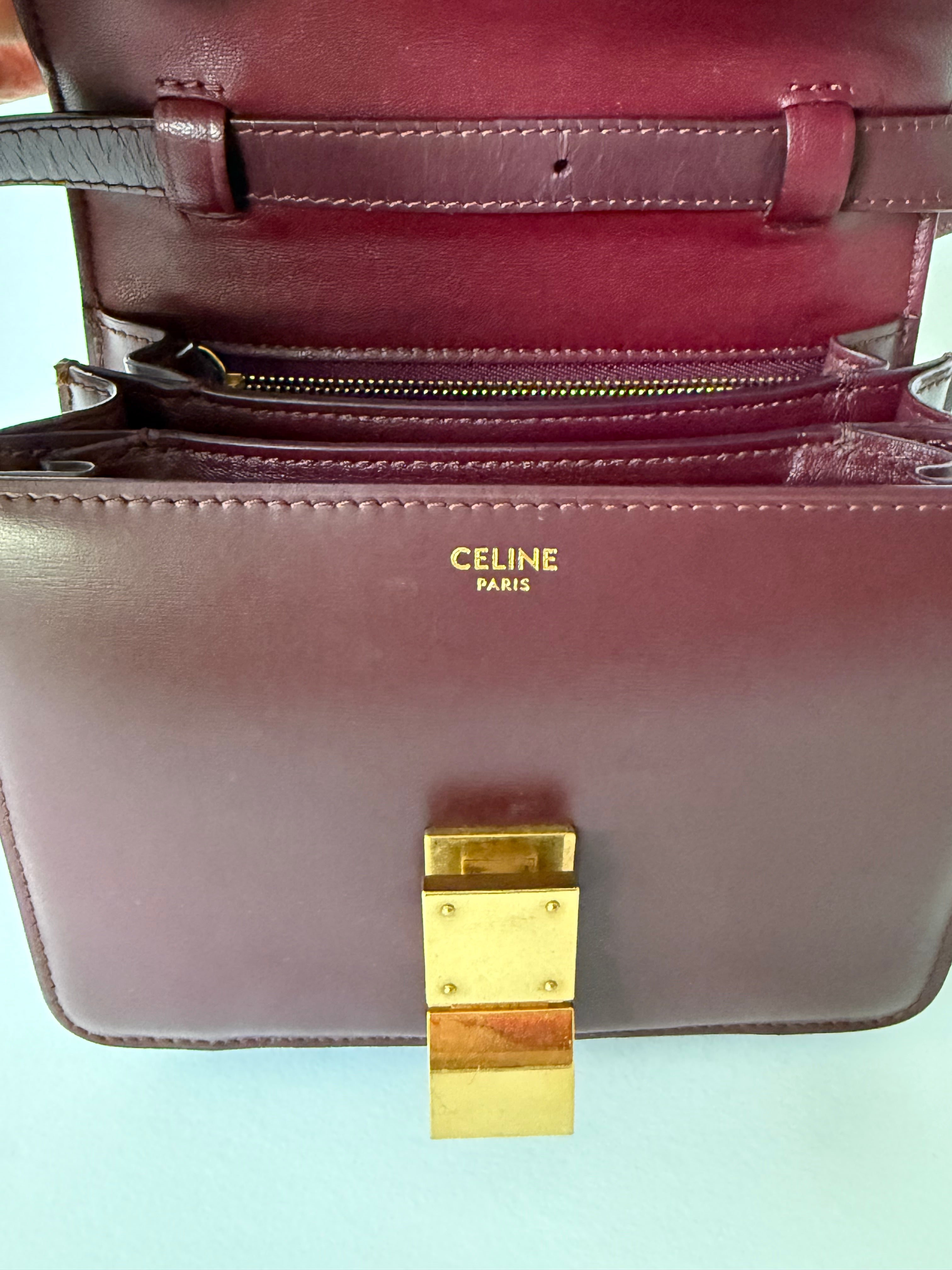 Céline Box Calfskin Mini Classic Box Flap Bag in Burgundy