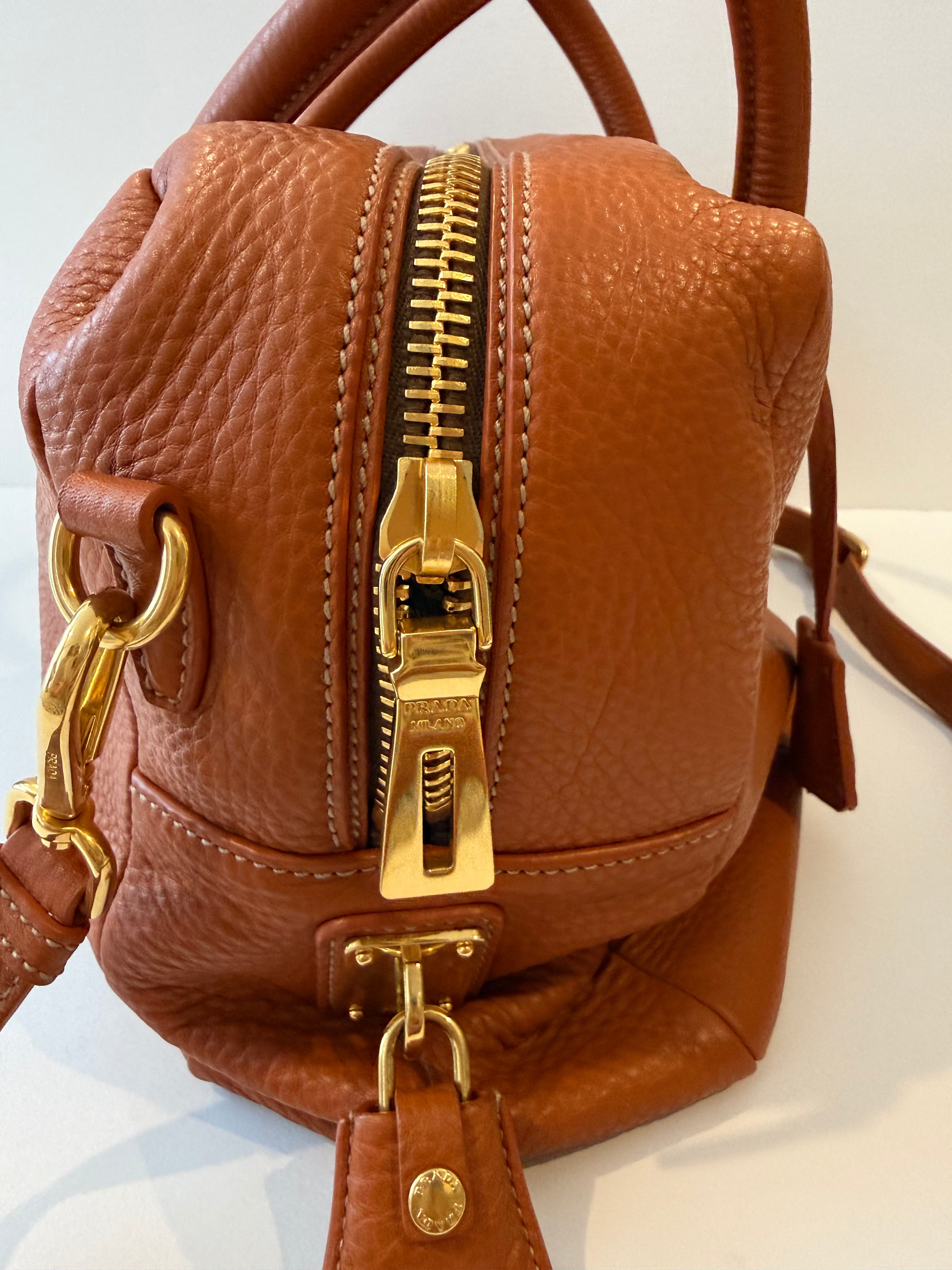 Prada Burnt Orange Pebbled Leather Satchel with Gold Hardware