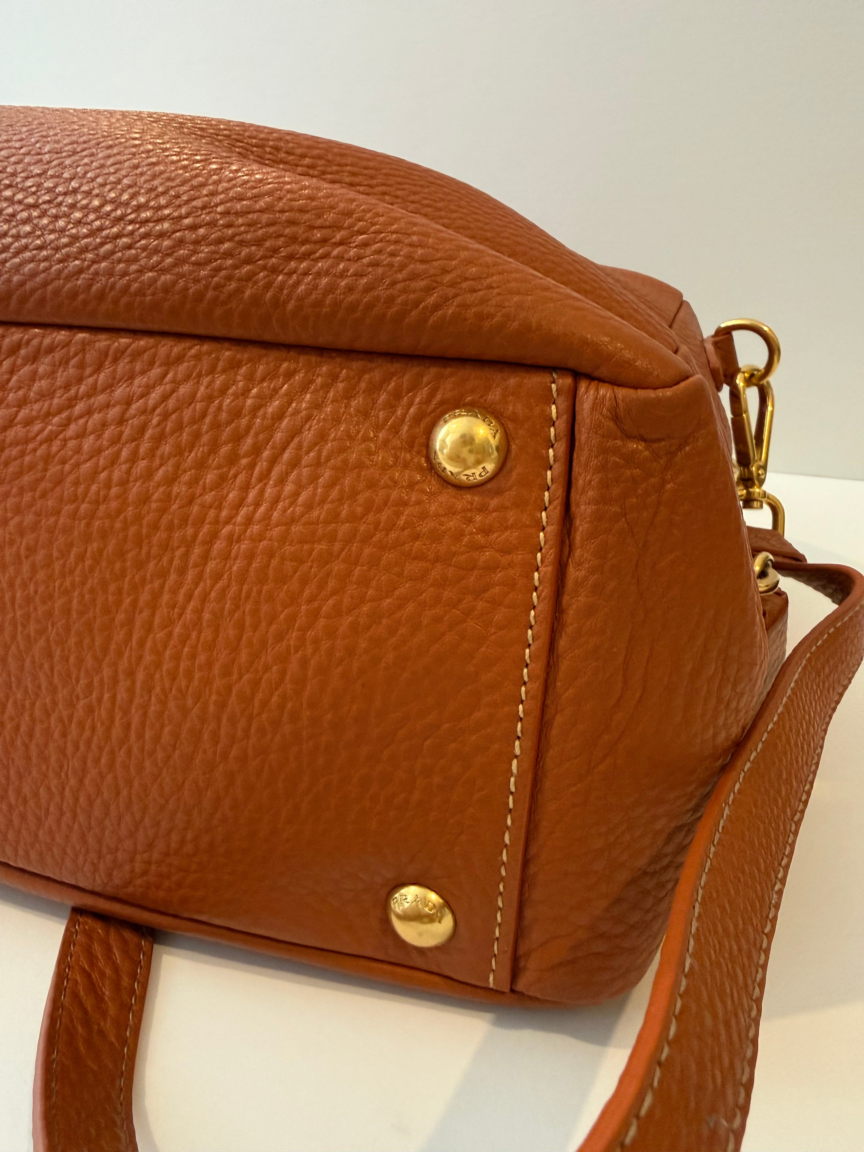 Prada Burnt Orange Pebbled Leather Satchel with Gold Hardware
