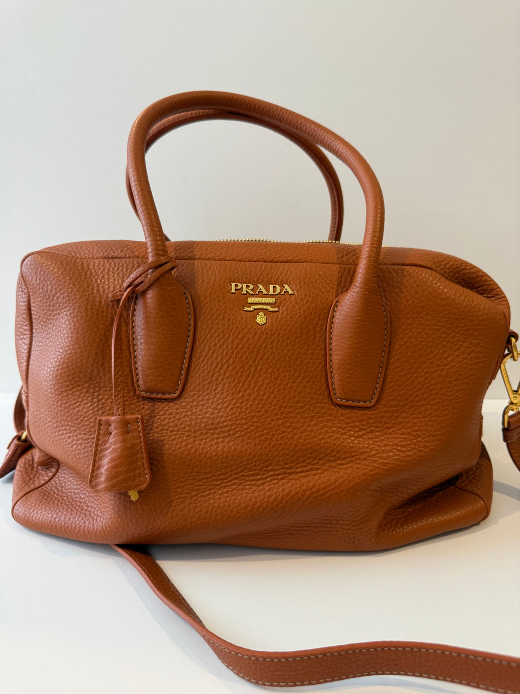 Prada Burnt Orange Pebbled Leather Satchel with Gold Hardware