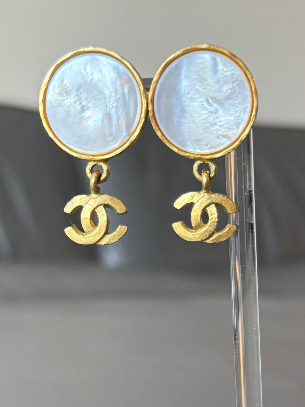 Vintage Chanel Gold Plated Mother of Pearl CC Dangle Clip-On Earrings — 95A