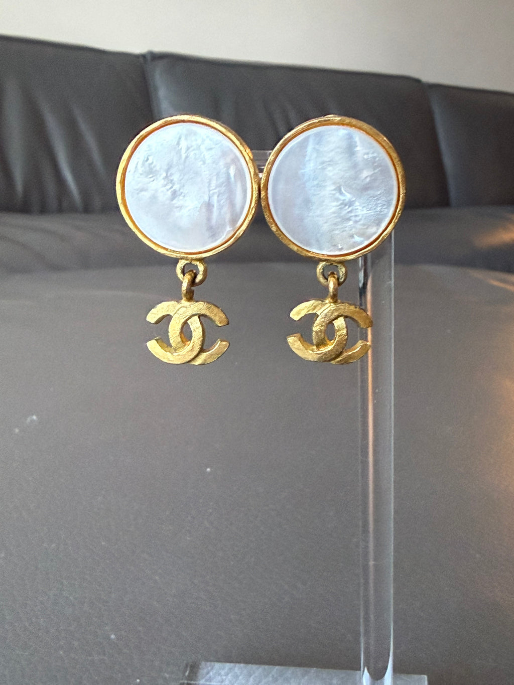 Vintage Chanel Gold Plated Mother of Pearl CC Dangle Clip-On Earrings — 95A