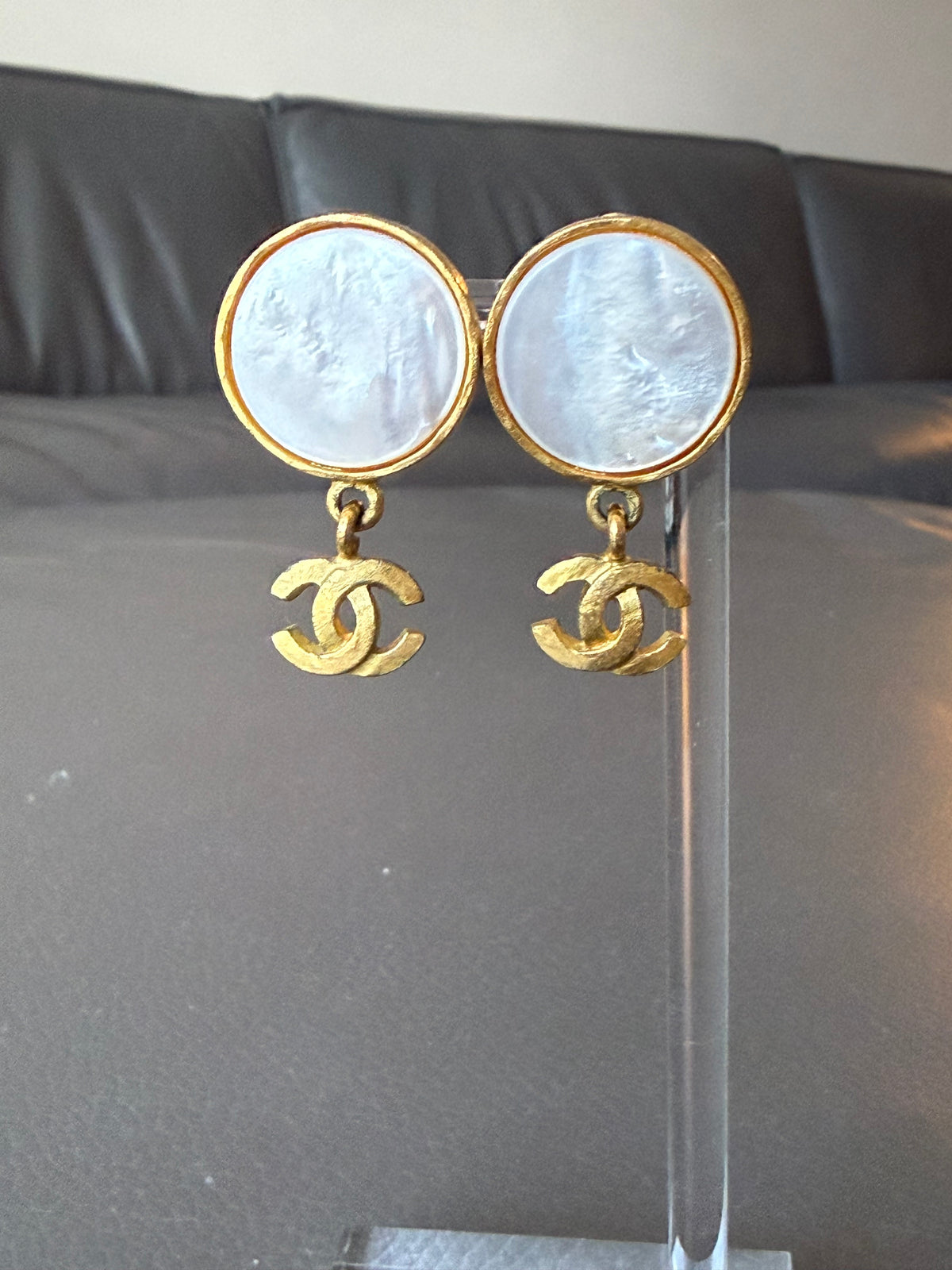 Vintage Chanel Gold Plated Mother of Pearl CC Dangle Clip-On Earrings — 95A
